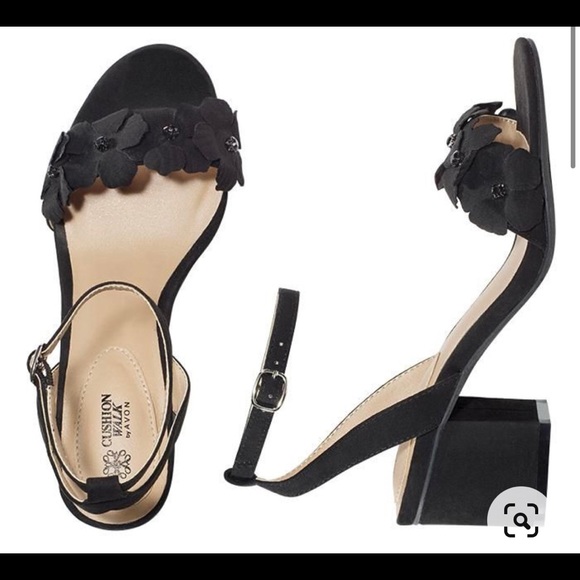 2 for $40 Cushion Walk Size 7 Flower Open Toe Strap Block Heel In Black - Picture 2 of 2